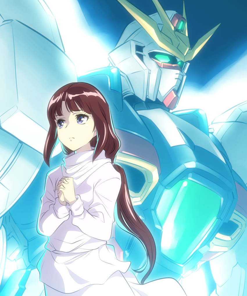 1girl absurdres after_war_gundam_x bangs blunt_bangs brown_hair commentary eyebrows_visible_through_hair glowing glowing_eyes green_eyes gundam gundam_x highres ishiyumi long_sleeves low_ponytail mecha sidelocks tiffa_adill violet_eyes