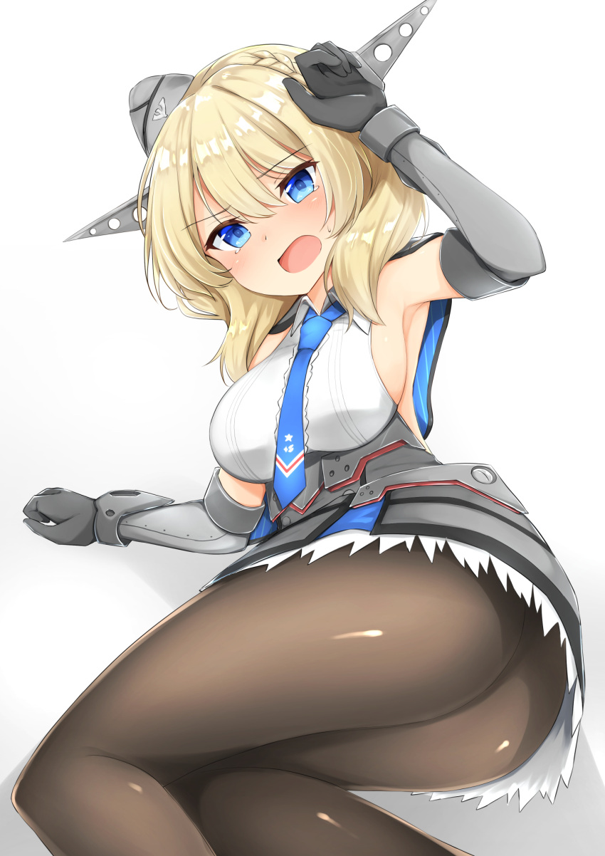 1girl black_legwear blonde_hair blue_eyes blue_neckwear blush breasts capelet colorado_(kantai_collection) dress elbow_gloves fallen_down garrison_cap gloves hat headgear highres kantai_collection large_breasts looking_at_viewer necktie open_mouth pantyhose pleated_dress sakikumo_(sakumo) shirt short_hair sideboob solo white_shirt