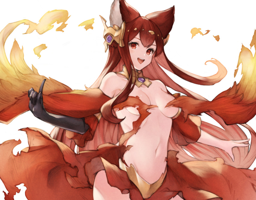 1girl :d animal_ears anthuria bare_shoulders black_gloves breasts breasts_apart collar commentary_request dress erune gloves granblue_fantasy hair_ornament index_finger_raised koretsuki_azuma long_hair looking_at_viewer medium_breasts navel no_bra open_mouth red_dress red_eyes redhead single_glove smile solo standing stomach torn_clothes upper_body white_background