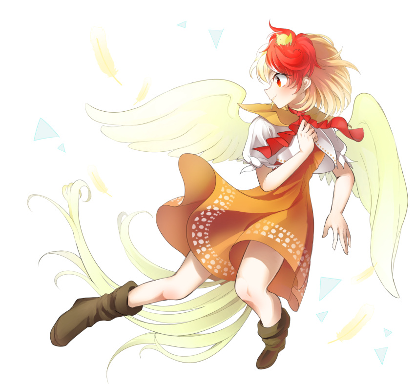 1girl arms_up bird bird_tail bird_wings blonde_hair boots brown_dress brown_footwear capelet chick commentary_request dress feathered_wings feathers foreshortening full_body highres layered_dress looking_to_the_side mirei_(miirei) multicolored_hair neck_ribbon niwatari_kutaka outstretched_leg profile puffy_short_sleeves puffy_sleeves red_eyes red_neckwear redhead ribbon short_hair short_sleeves simple_background smile solo touhou two-tone_hair white_background wings