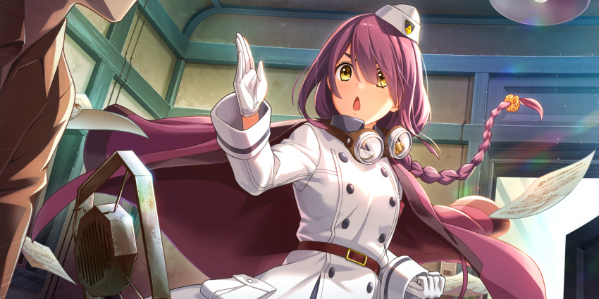 1girl belt braid character_request chestnut_mouth coat fighting_stance game_cg garrison_cap gloves goggles goggles_around_neck hair_over_one_eye hat highres jacket_on_shoulders kouya_no_kotobuki_hikoutai long_hair microphone non-web_source official_art paper purple_hair single_braid solo_focus white_gloves white_uniform wide_sleeves yellow_eyes