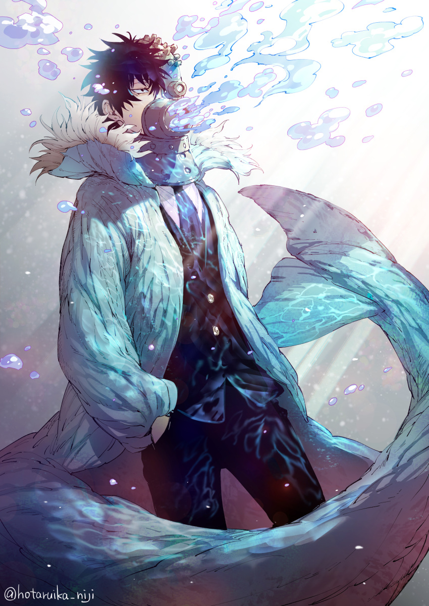 1boy absurdres black_hair black_neckwear blue_jacket bubble business_suit buttons fish_tail formal fur_trim hands_in_pockets helmet highres hotaruika_niji jacket light_rays male_focus oumagadoki_doubutsuen scales solo submerged suit tail underwear water