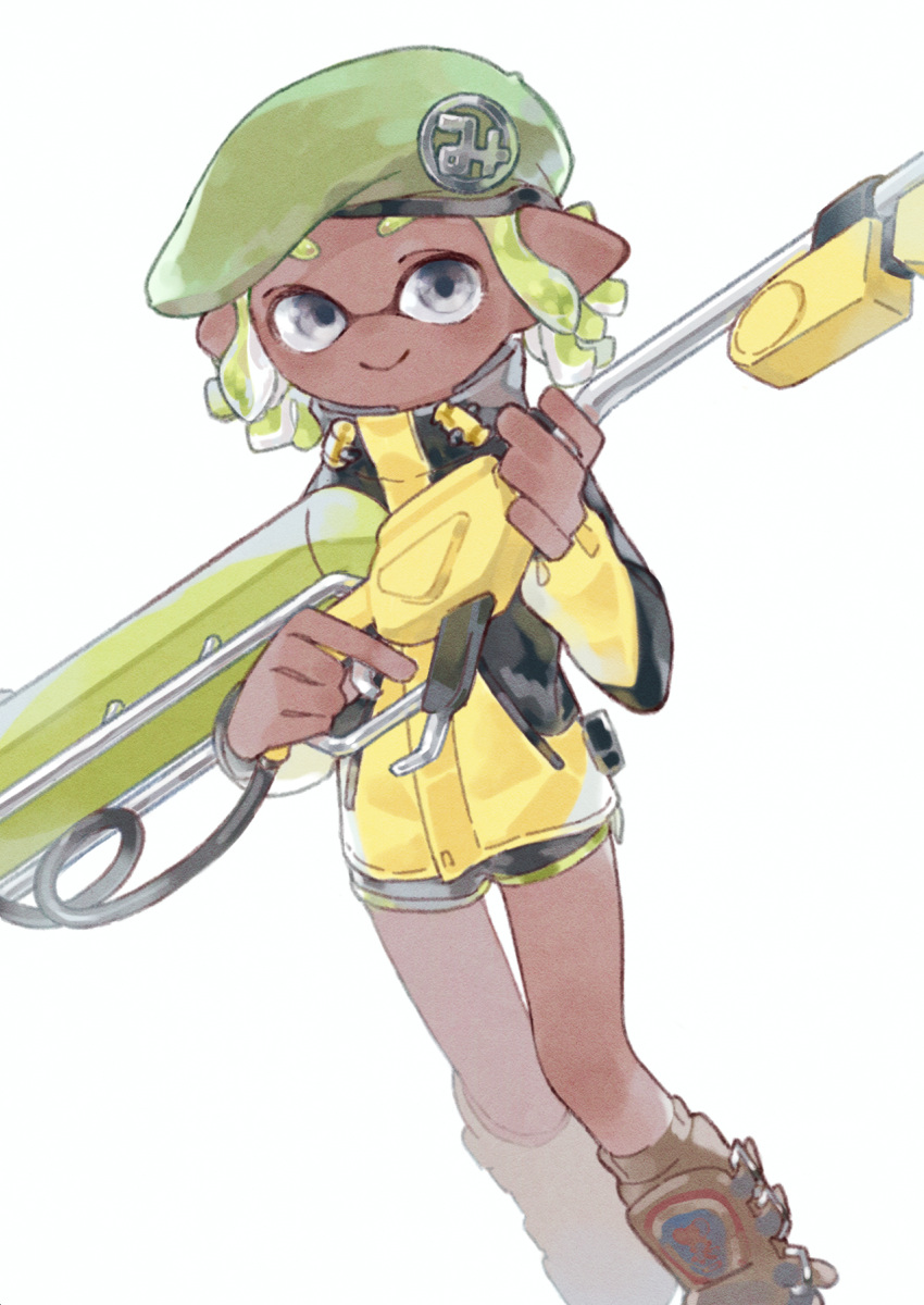 1girl ajomo beret black_footwear black_shorts boots closed_mouth commentary dark_skin domino_mask drawstring dutch_angle e-liter_4k_(splatoon) fading green_hair green_headwear grey_eyes gym_shorts hat highres holding holding_weapon inkling insignia jacket long_sleeves looking_at_viewer mask pointy_ears short_hair short_shorts shorts simple_background smile solo splatoon_(series) splatoon_2 standing tentacle_hair weapon white_background yellow_jacket