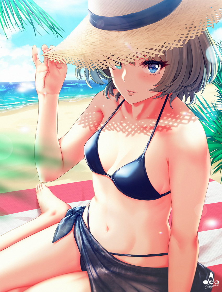 1girl bare_shoulders barefoot beach bikini blue_bikini blue_eyes blue_sky blush breasts brown_hair clouds collarbone day green_eyes groin hand_on_headwear hat heterochromia highleg highleg_bikini highres idolmaster idolmaster_cinderella_girls infinote leaf looking_at_viewer mole mole_under_eye navel ocean outdoors parted_lips sand sarong short_hair signature sitting skindentation sky small_breasts smile solo stomach straw_hat swimsuit takagaki_kaede thighs yokozuwari