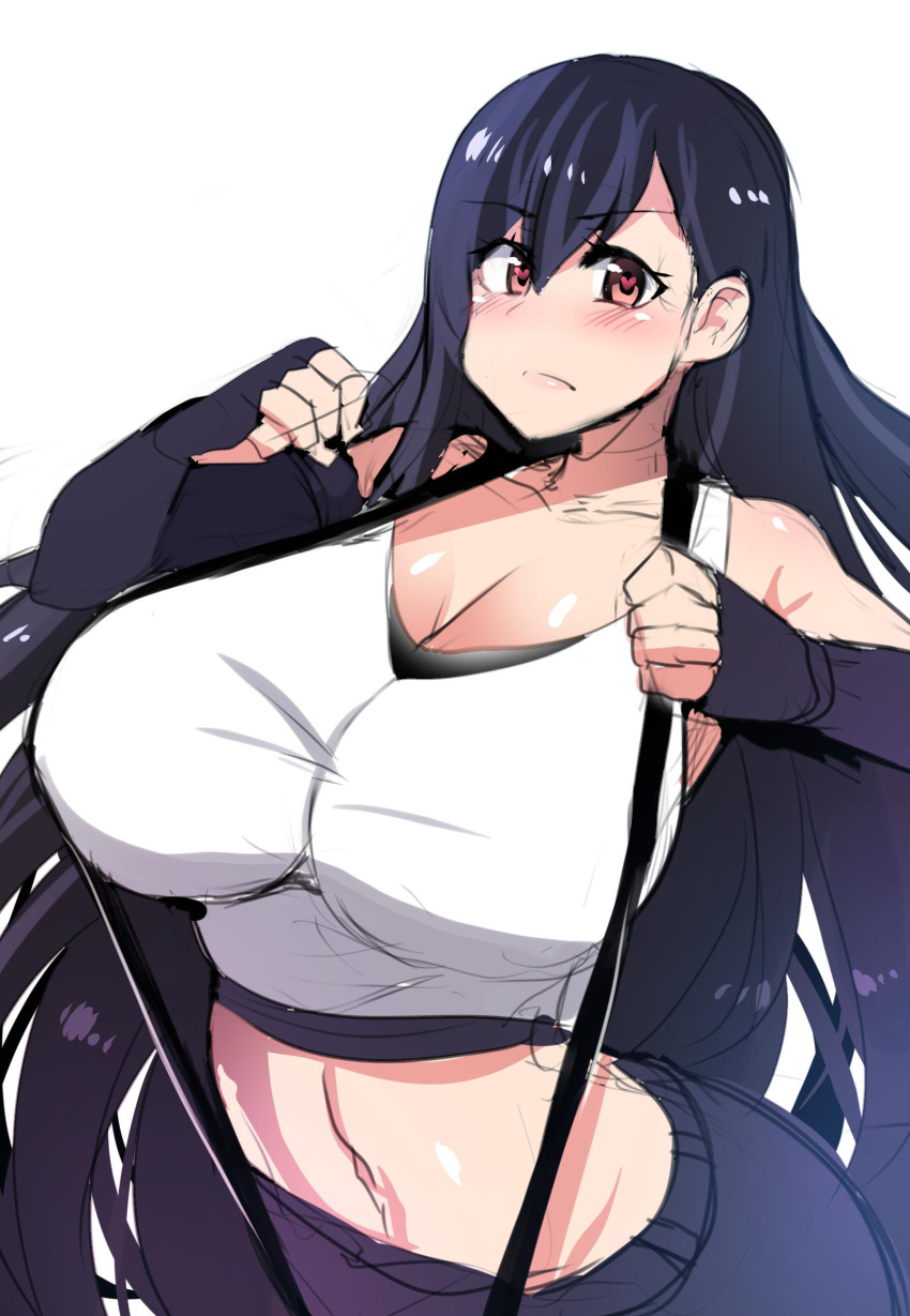 absurdres artist_request black_hair blush breasts brown_eyes final_fantasy final_fantasy_vii heart heart-shaped_pupils highres large_breasts long_hair looking_at_viewer navel sketch source_request suspenders symbol-shaped_pupils tank_top tifa_lockhart