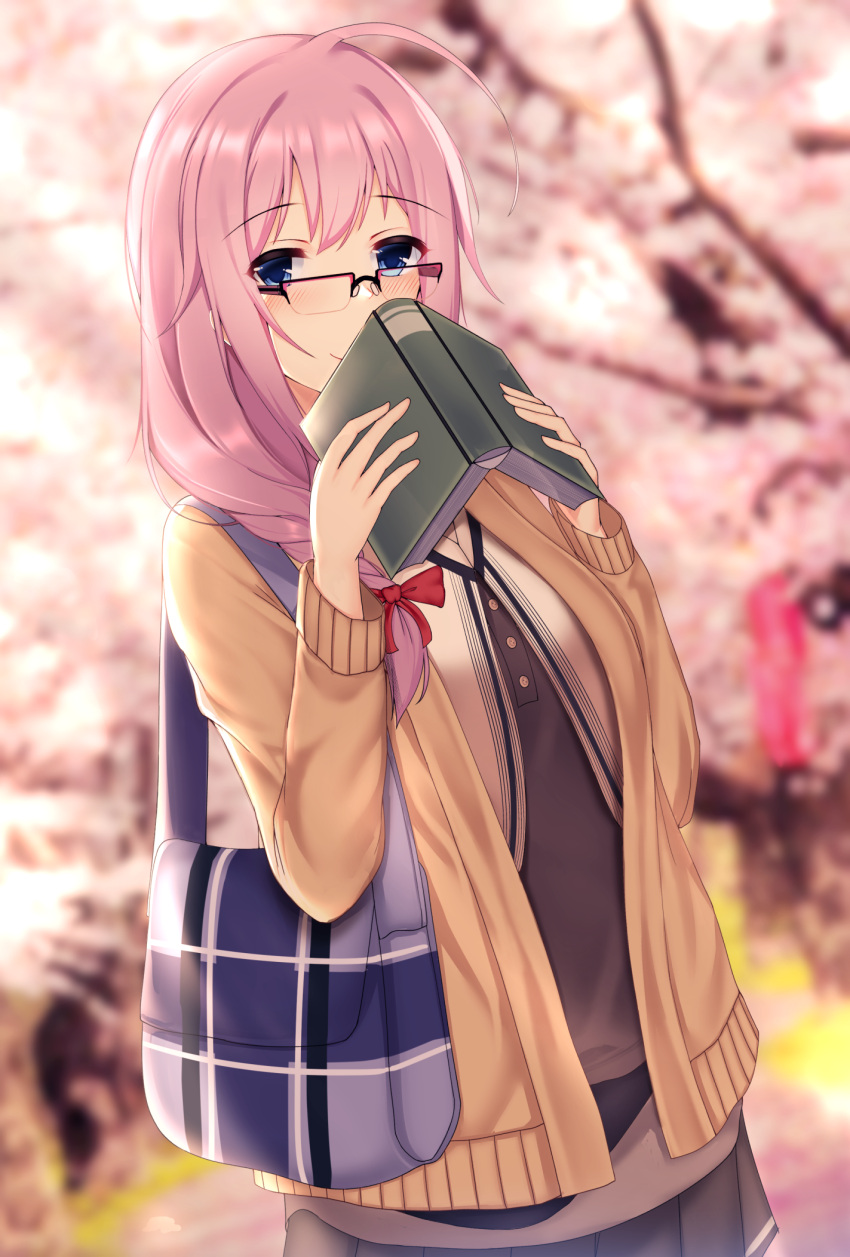 1girl ahoge bag black_skirt blue_eyes blurry blurry_background blush book bow breasts brown_jacket day glasses hair_bow handbag hands_up highres holding holding_book jacket open_book outdoors pink_hair plaid qqq red_bow school_uniform skirt smile standing
