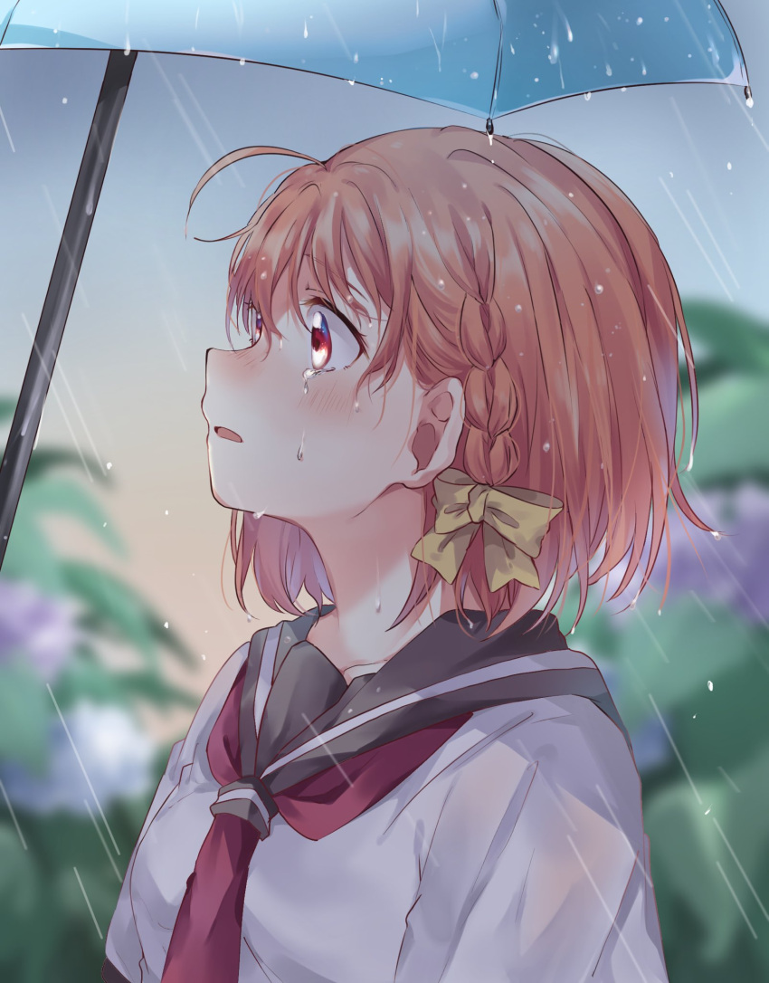 1girl ahoge bangs blurry blurry_background blush bow braid commentary_request crying flower hair_bow highres hydrangea love_live! love_live!_sunshine!! makura_(makura0128) neckerchief open_mouth orange_hair outdoors rain red_eyes red_neckwear school_uniform serafuku short_hair side_braid solo takami_chika umbrella upper_body uranohoshi_school_uniform wet yellow_bow