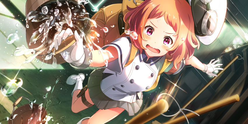 1girl backpack bag boots brown_hair bucket character_request dutch_angle game_cg gloves goggles goggles_on_headwear hat highres kouya_no_kotobuki_hikoutai miniskirt mop non-web_source official_art orange_hair pleated_skirt short_hair short_sleeves skirt solo tears thigh_pouch violet_eyes water white_footwear white_gloves white_headwear white_uniform
