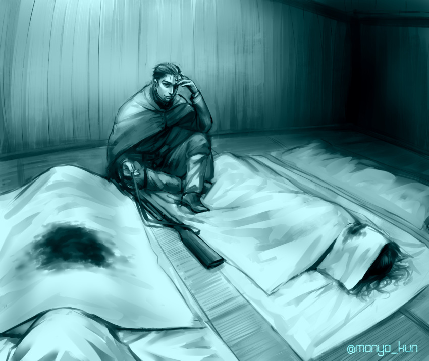 1boy bed_sheet belt_pouch blood blood_stain blue_theme cape corpse golden_kamuy hand_up indoors looking_at_viewer male_focus manya-kun monochrome ogata_hyakunosuke pants pouch shoes sitting solo twitter_username