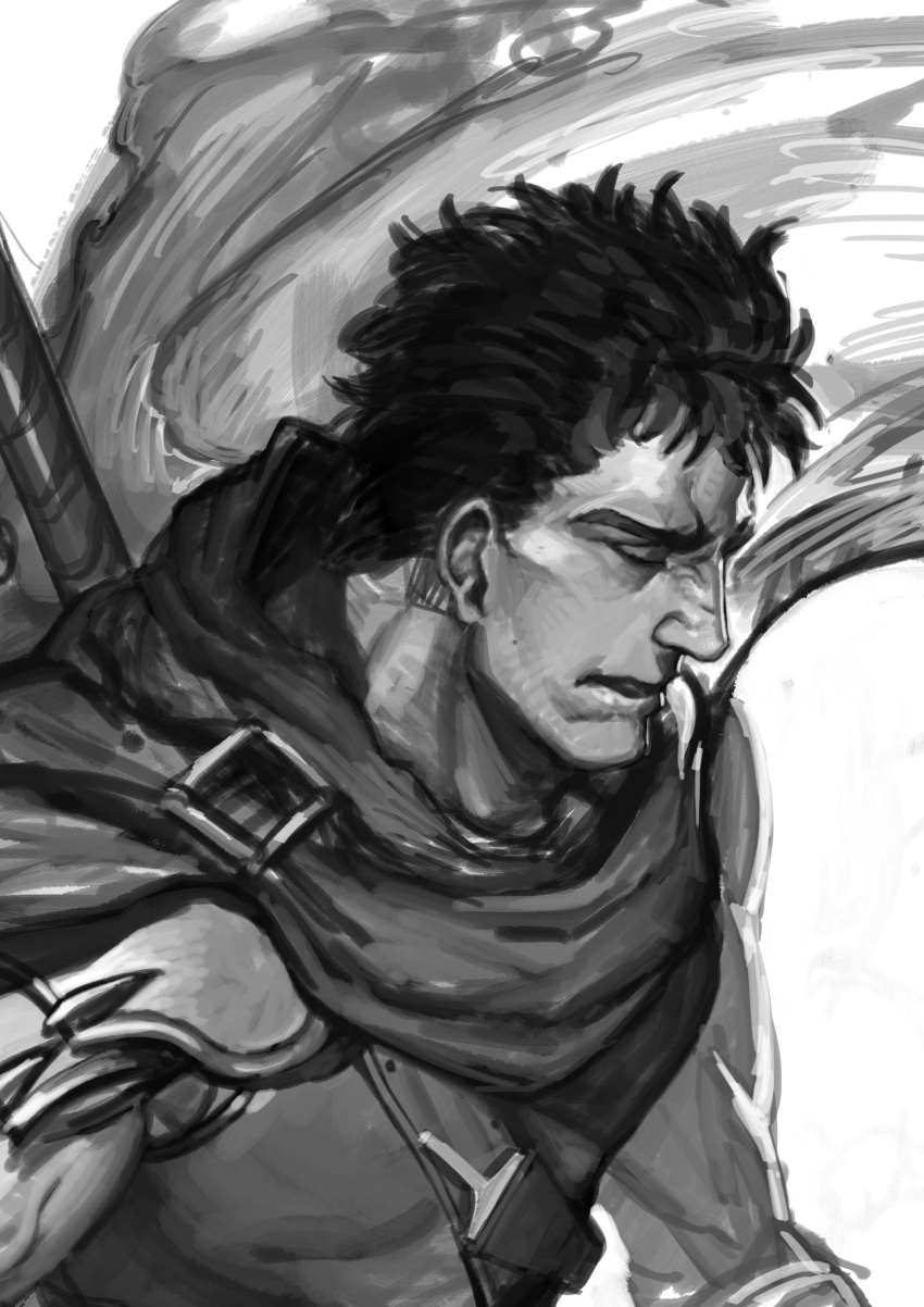 1boy absurdres armor berserk black_cape black_hair cape closed_eyes greyscale guts highres male_focus monochrome muscle saumaro simple_background sketch upper_body white_background