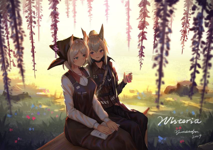 2019 2girls animal_ear_fluff animal_ears apron arknights bangs bench black_pants blurry blurry_foreground breasts brown_apron brown_jacket character_request closed_mouth collarbone collared_shirt commentary_request cup day depth_of_field drink drinking_glass eyebrows_visible_through_hair flower grani_(arknights) grass green_eyes hair_between_eyes head_scarf high_ponytail holding holding_cup jacket long_sleeves multiple_girls on_bench outdoors pants parted_lips ponytail purple_flower shirt short_over_long_sleeves short_sleeves sidelocks signature silver_hair sitting small_breasts smile violet_eyes white_shirt wisteria yurichtofen