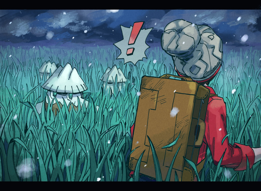 ! 1boy beanie gen_4_pokemon grass green_eyes grey_headwear hat highres letterboxed looking_at_another male_focus male_protagonist_(pokemon_swsh) night pokemon pokemon_(creature) pokemon_(game) pokemon_swsh red_shirt shirt snover snowing spoken_exclamation_mark suitcase tall_grass