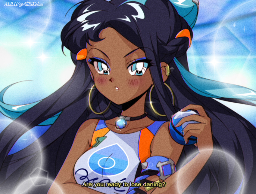 1girl 90s absurdres alilu-chan armband artist_name bare_shoulders black_hair blue_eyes blue_hair blush commentary creatures_(company) dark_skin ear_clip english_commentary english_text eyebrows_visible_through_hair eyes_visible_through_hair game_freak glint highres holding holding_poke_ball jewelry long_hair looking_at_viewer multicolored_hair nintendo oldschool olm_digital parody parted_lips pendant poke_ball pokemon pokemon_(anime) pokemon_(game) pokemon_swsh rurina_(pokemon) shirt sleeveless sleeveless_shirt solo sparkle style_parody subtitled takeuchi_naoko_(style) tv_tokyo twitter_username two-tone_hair upper_body v-shaped_eyebrows