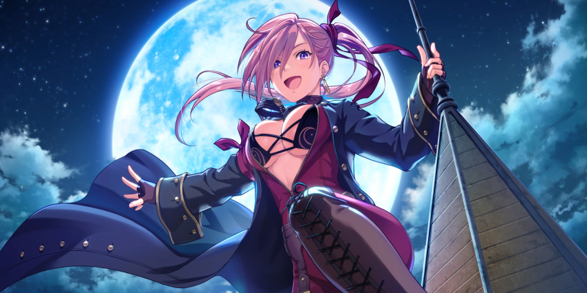 1girl blue_eyes boots bra breasts character_request clouds coat dutch_angle earrings fingerless_gloves full_moon game_cg gloves hair_ribbon high_ponytail highres jewelry jumpsuit knee_boots knee_up kouya_no_kotobuki_hikoutai large_breasts long_hair long_sleeves moon night night_sky non-web_source official_art open_clothes open_mouth pink_hair ribbon sky solo underwear wide_sleeves