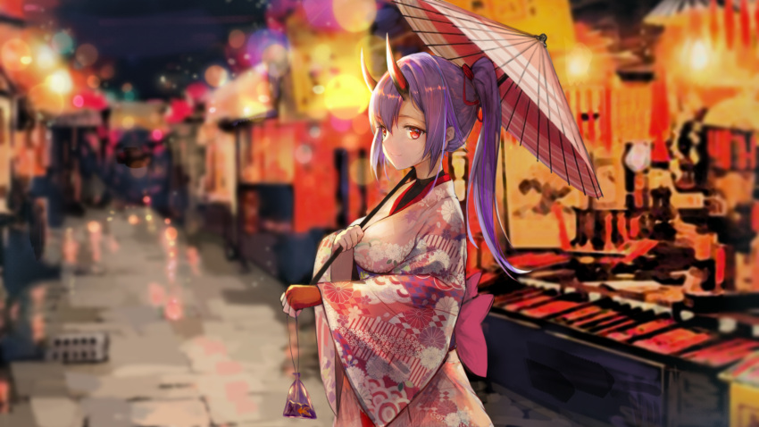 1girl absurdres bag black_undershirt blurry blurry_background commentary_request fate/grand_order fate_(series) fingerless_gloves fish floral_print gloves goldfish hair_between_eyes highres holding holding_bag japanese_clothes kimono light_smile long_hair looking_at_viewer oni_horns pixiv14930173 ponytail print_kimono red_eyes red_gloves red_horns silver_hair solo tomoe_gozen_(fate/grand_order)
