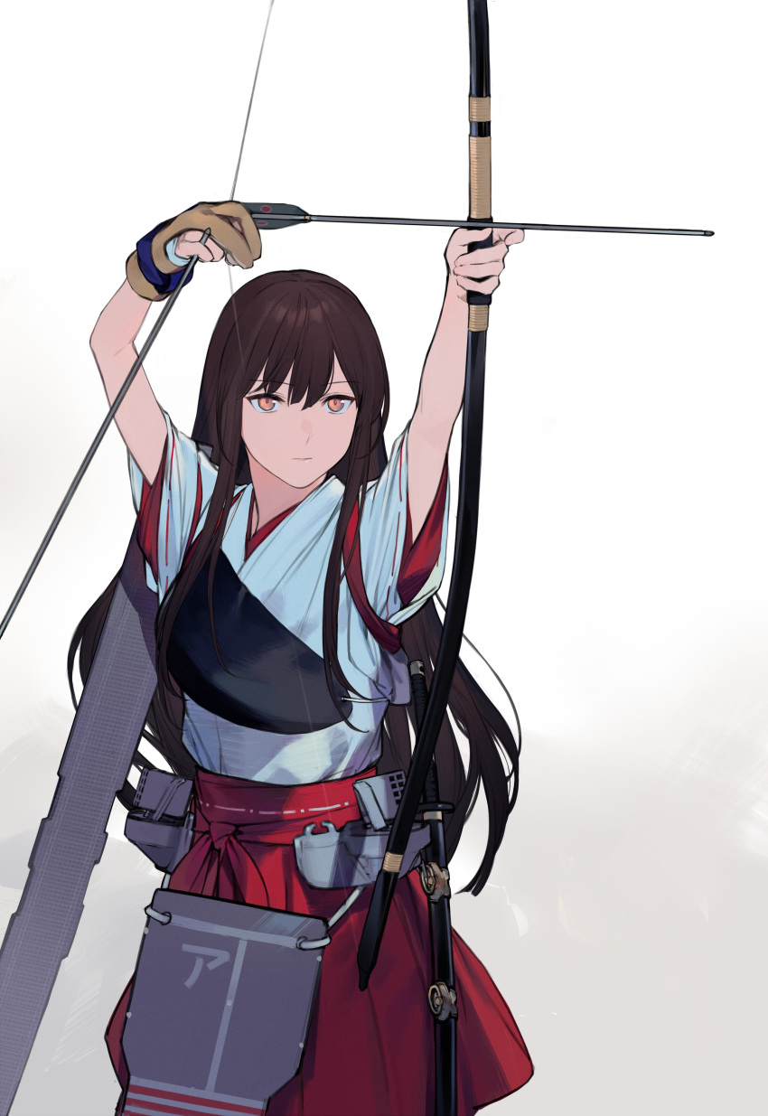 1girl absurdres akagi_(kantai_collection) archery arrow bow_(weapon) brown_eyes brown_gloves brown_hair closed_mouth drawing_bow duoyuanjun flight_deck gloves hair_between_eyes hakama_skirt highres kantai_collection kyuudou long_hair muneate partly_fingerless_gloves red_skirt sheath sheathed single_glove skirt solo sword weapon white_background yugake
