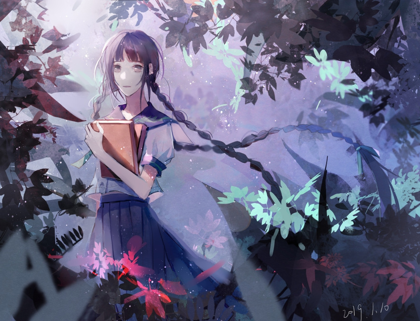 1girl bangs black_eyes blue_skirt blunt_bangs book braid dated forest highres holding holding_book long_hair nature outdoors pleated_skirt school_uniform shirt short_sleeves skirt solo standing twin_braids very_long_hair white_shirt yumi_(honey)