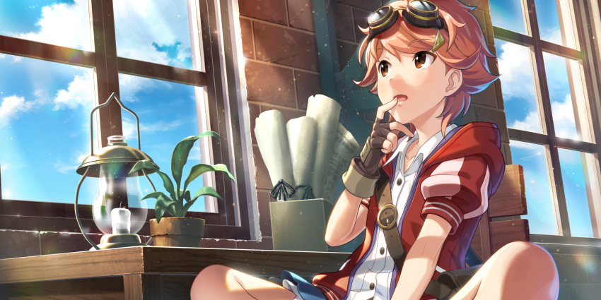 1girl bag blue_sky brown_eyes character_request clouds collarbone fingerless_gloves game_cg gloves goggles goggles_on_head highres hood hooded_jacket jacket kouya_no_kotobuki_hikoutai lantern looking_away messenger_bag non-web_source official_art paper pink_hair plant potted_plant puffy_short_sleeves puffy_sleeves shirt short_hair short_sleeves shoulder_bag sitting sky solo table white_shirt window