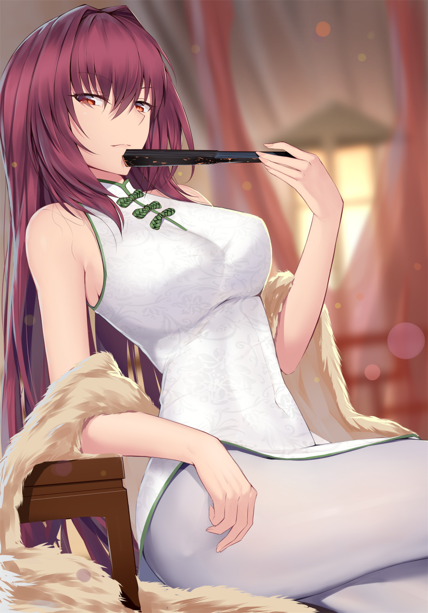 1girl bangs bare_shoulders blurry blurry_background blush breasts china_dress chinese_clothes dress fan fate/grand_order fate_(series) feng_mouren folding_fan hair_between_eyes highres large_breasts long_hair looking_at_viewer purple_hair red_eyes scathach_(fate)_(all) scathach_(fate/grand_order) sitting sleeveless thighs white_dress