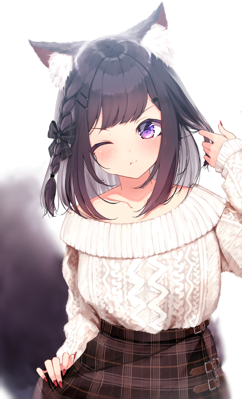 1girl ;t absurdres animal_ear_fluff animal_ears aran_sweater bangs black_bow black_hair blush bow braid brown_skirt closed_mouth collarbone commentary_request eyebrows_visible_through_hair fingernails hair_bow hair_ornament hairclip hand_up highres long_fingernails long_sleeves looking_at_viewer mayogii nail_polish off-shoulder_sweater off_shoulder one_eye_closed original plaid plaid_skirt red_nails skirt sleeves_past_wrists solo sweater violet_eyes white_sweater