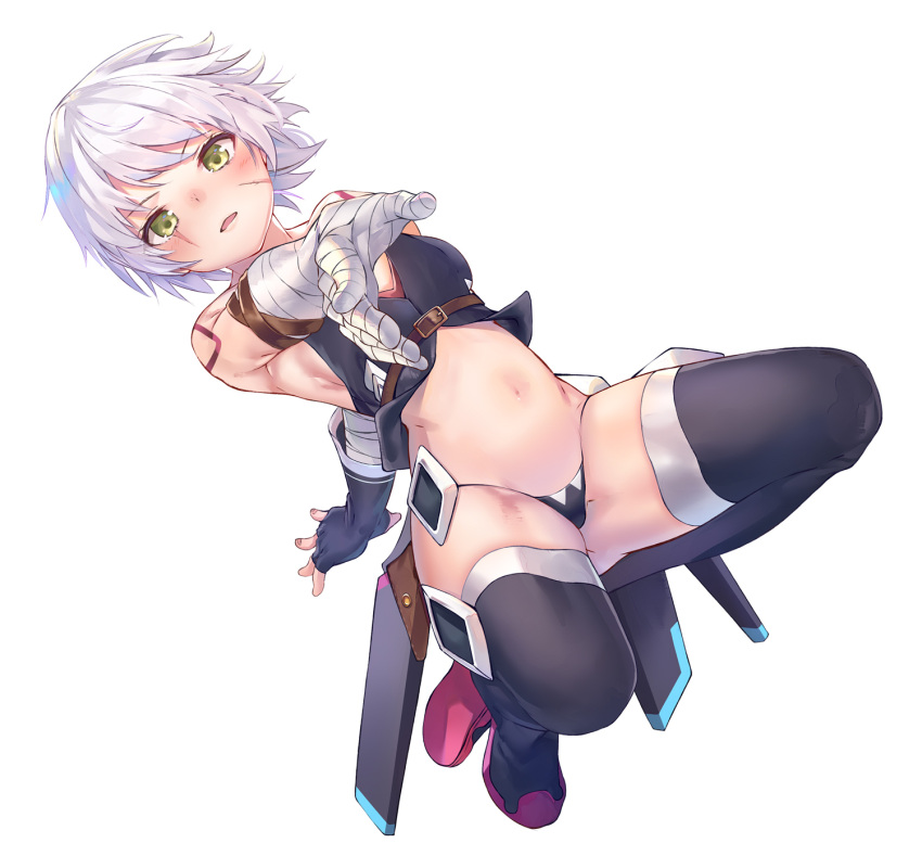 1girl arm_belt bandaged_arm bandages black_gloves black_legwear black_panties breasts facial_scar fate/grand_order fate_(series) full_body gloves green_eyes high_heels highres jack_the_ripper_(fate/apocrypha) looking_at_viewer lowleg lowleg_panties navel panties scar scar_across_eye scar_on_cheek sheath sheathed shoulder_tattoo silver_hair simple_background single_glove small_breasts solo suigetsu_(hjs1106) tattoo thigh-highs underwear white_background white_hair