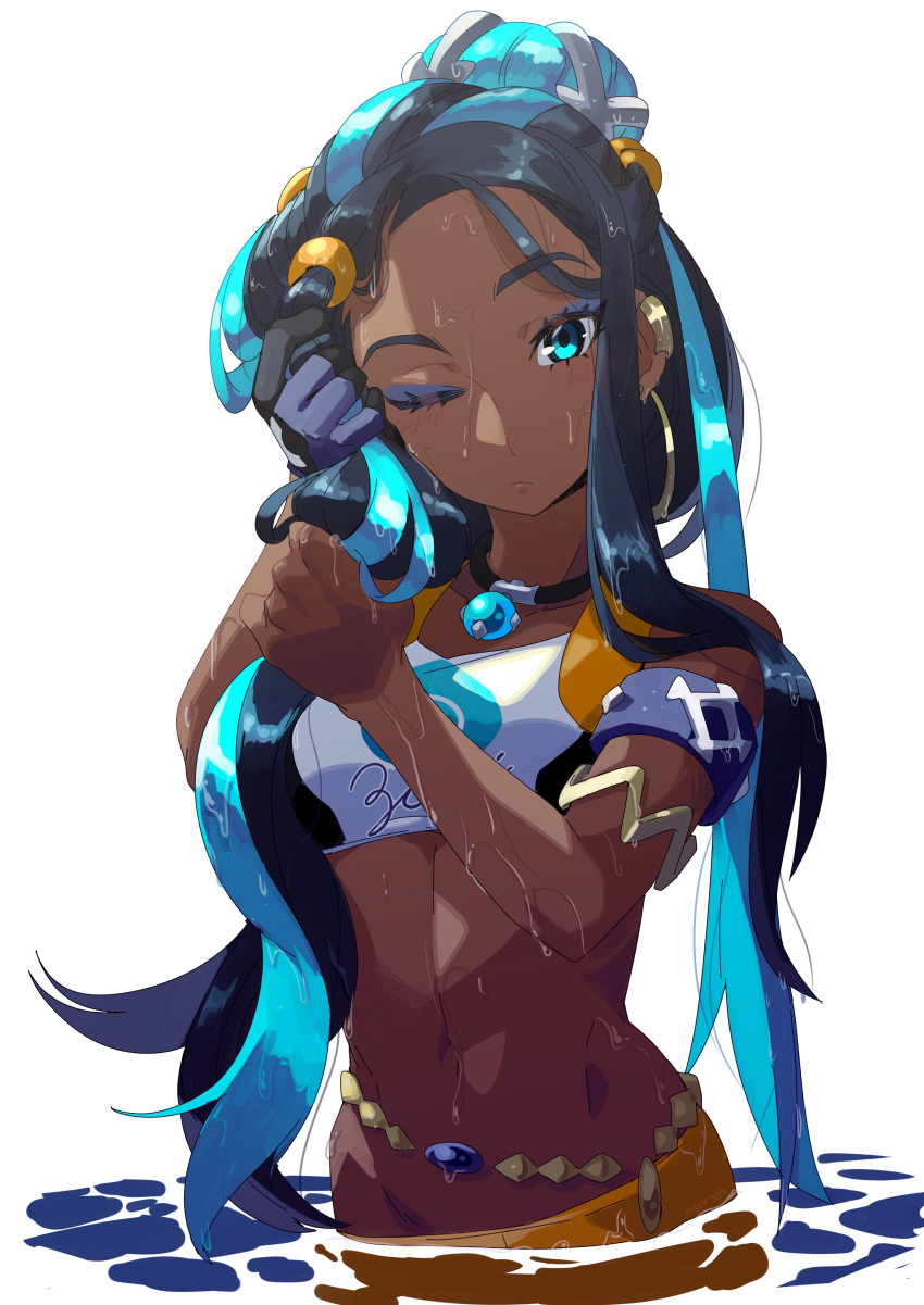 1girl absurdres armlet beads blue_eyes blue_hair blush dark_skin earrings eyelashes gloves hand_in_hair highres hoop_earrings ishmaiah_dado jewelry long_hair makeup mascara midriff multicolored_hair navel necklace one_eye_closed partially_submerged pokemon pokemon_(game) pokemon_swsh rurina_(pokemon) single_glove solo sports_bra sportswear two-tone_hair water wet