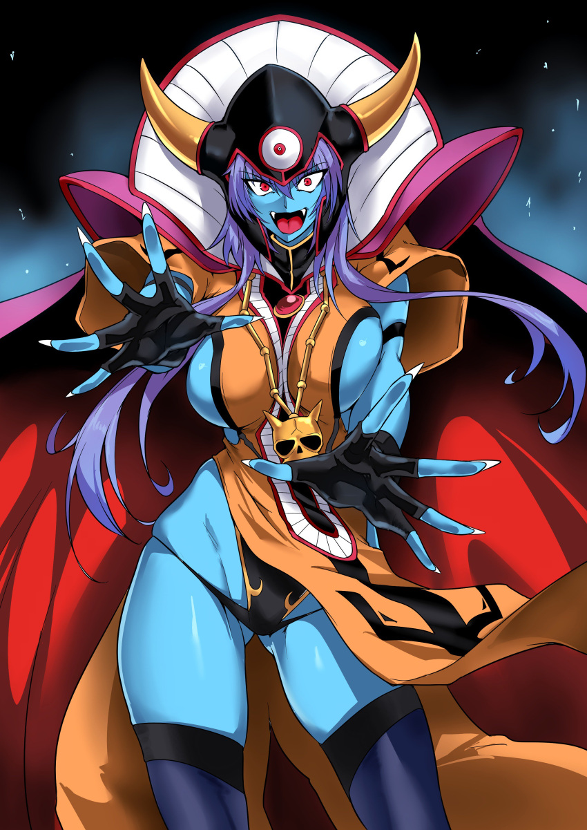 1girl absurdres black_gloves black_panties blue_skin breasts cape commentary_request dragon_quest dragon_quest_iii fangs fingerless_gloves fingernails genderswap genderswap_(mtf) gloves harukon_(halcon) helmet highres horned_helmet huge_breasts long_fingernails long_hair open_mouth outstretched_arms panties purple_hair red_cape red_eyes sharp_fingernails sideboob skull_necklace solo tabard thong_panties underwear zoma