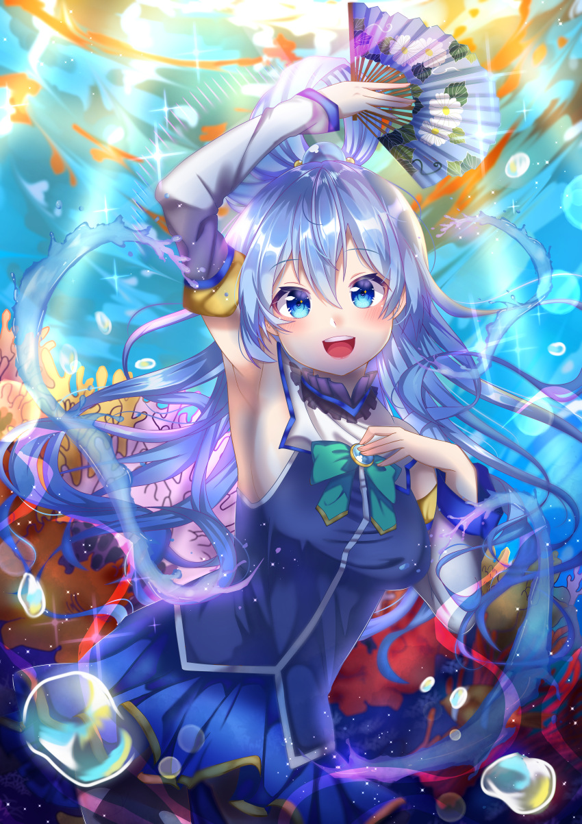 1girl absurdres aqua_(konosuba) bare_shoulders blue_eyes blue_hair blush breasts bubble commentary coral detached_sleeves eyebrows_visible_through_hair fan hair_between_eyes hair_ornament hair_rings highres holding holding_fan huge_filesize kono_subarashii_sekai_ni_shukufuku_wo! long_hair looking_at_viewer medium_breasts open_mouth reinakocchi skirt smile solo upper_teeth very_long_hair water