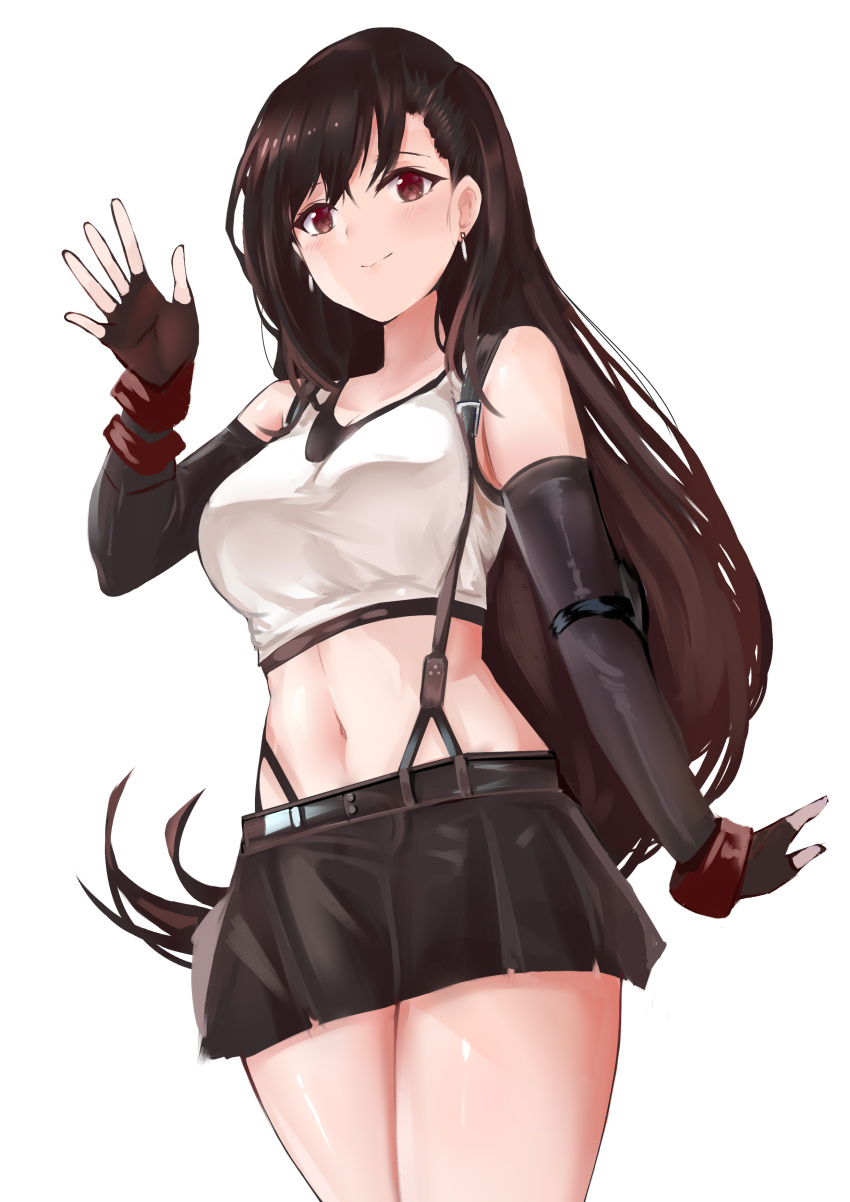 1girl absurdres arm_at_side b_b_b_b66 bangs bare_shoulders black_hair black_skirt blush breasts commentary cowboy_shot crop_top earrings elbow_gloves elbow_pads final_fantasy final_fantasy_vii final_fantasy_vii_remake fingerless_gloves gloves hand_up highres jewelry large_breasts long_hair looking_at_viewer midriff navel red_eyes red_gloves shirt simple_background skirt sleeveless smile solo standing suspender_skirt suspenders tank_top thighs tifa_lockhart very_long_hair waving white_background white_shirt