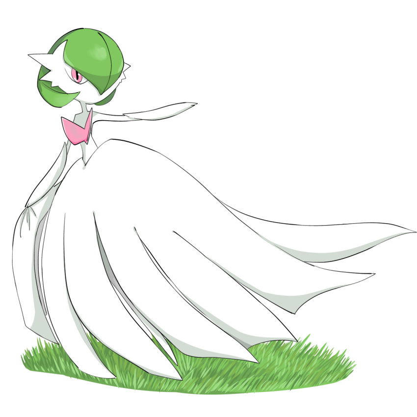 1girl arm_up bangs bare_shoulders bob_cut colored_skin commentary dress elbow_gloves flat_chest full_body gardevoir gloves grass green_hair hair_over_one_eye highres looking_at_viewer mega_gardevoir mega_pokemon no_mouth one_eye_covered outstretched_arms pink_eyes pokemon pokemon_(creature) rve short_hair simple_background solo standing strapless strapless_dress white_background white_dress white_gloves white_skin