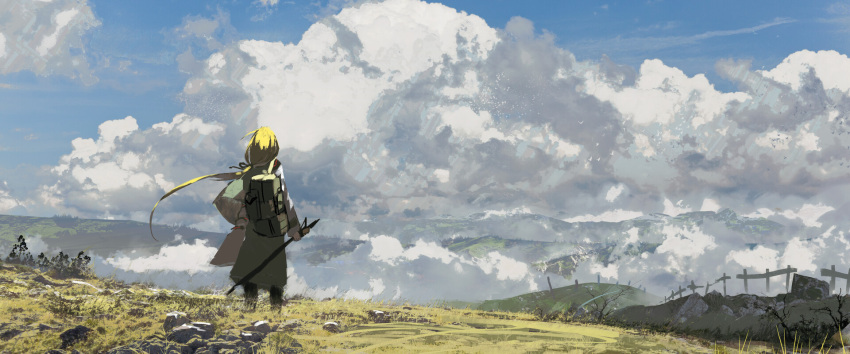 1girl asuteroid backpack bag bird blonde_hair clouds cloudy_sky day fence from_behind grass hand_on_hip highres holding horizon iris_(asuteroid) long_hair long_ponytail low_ponytail neon_trim original outdoors rock scenery sky solo standing very_long_hair walking_stick wide_shot