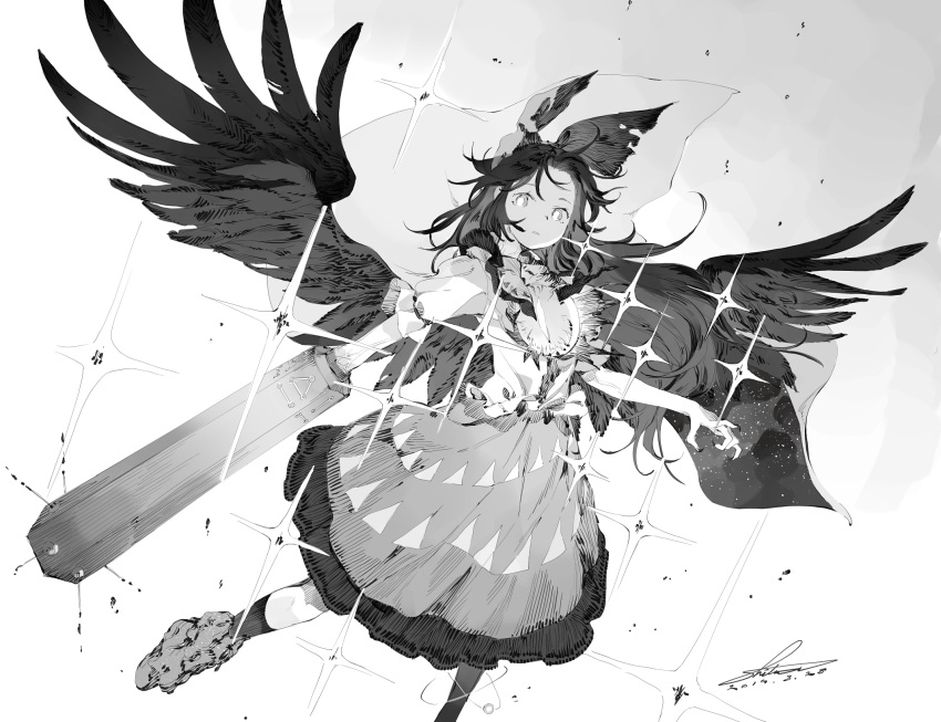 1girl arm_cannon bird_wings bow cape claws commentary_request dated feet_out_of_frame greyscale hair_bow highres kneehighs long_hair looking_at_viewer monochrome parted_lips puffy_short_sleeves puffy_sleeves reiuji_utsuho shihou_(g-o-s) shirt short_sleeves signature skirt solo sparkle third_eye touhou veins weapon wings