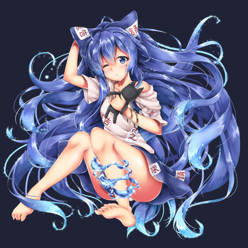 1girl absurdres akiteru_(akiteru98) arm_up ass bangle bangs bare_legs bare_shoulders barefoot black_background blue_bow blue_eyes blue_hair blue_skirt blush bow bracelet breasts commentary_request convenient_leg debt eyebrows_visible_through_hair full_body grey_hoodie hair_between_eyes hair_bow head_tilt highres holding holding_stuffed_animal hood hoodie jewelry long_hair looking_at_viewer miniskirt off_shoulder one_eye_closed panties pantyshot parted_lips short_sleeves simple_background sitting skirt small_breasts solo stuffed_animal stuffed_cat stuffed_toy thighs touhou underwear very_long_hair white_panties yorigami_shion