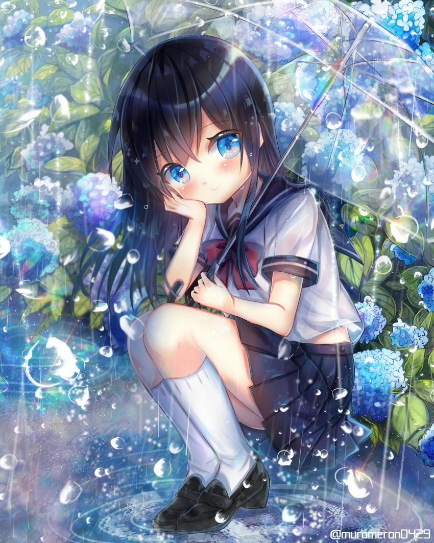 1girl arm_support bangs black_footwear black_hair black_sailor_collar black_skirt blue_eyes blue_flower blush bow closed_mouth commentary_request day eyebrows_visible_through_hair flower hair_between_eyes head_in_hand head_tilt highres holding holding_umbrella hydrangea kneehighs kohaku_muro loafers long_hair looking_at_viewer original outdoors pleated_skirt rain red_bow ripples sailor_collar school_uniform serafuku shirt shoes short_sleeves skirt smile solo squatting transparent transparent_umbrella twitter_username umbrella water water_drop white_legwear white_shirt