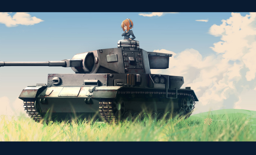 1girl arm_support bangs blue_jacket blue_sky blurry blurry_foreground brown_eyes brown_hair clouds cloudy_sky commentary day depth_of_field girls_und_panzer grass ground_vehicle hand_on_own_throat headphones highres jacket jinguu_(4839ms) letterboxed long_sleeves military military_uniform military_vehicle motor_vehicle nishizumi_miho ooarai_military_uniform outdoors panzerkampfwagen_iv short_hair sky solo tank tank_focus uniform