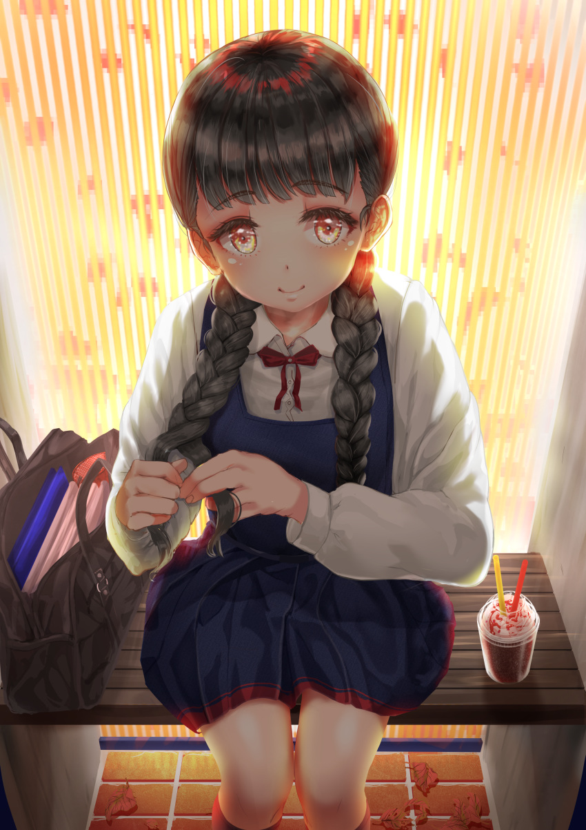 1girl absurdres bag bangs bench bookbag braid braiding_hair brown_eyes brown_hair dress drink drinking_straw hairdressing highres huge_filesize kneehighs leaf long_sleeves moe2019 original pfaxx pinafore_dress sitting smile twin_braids uniform