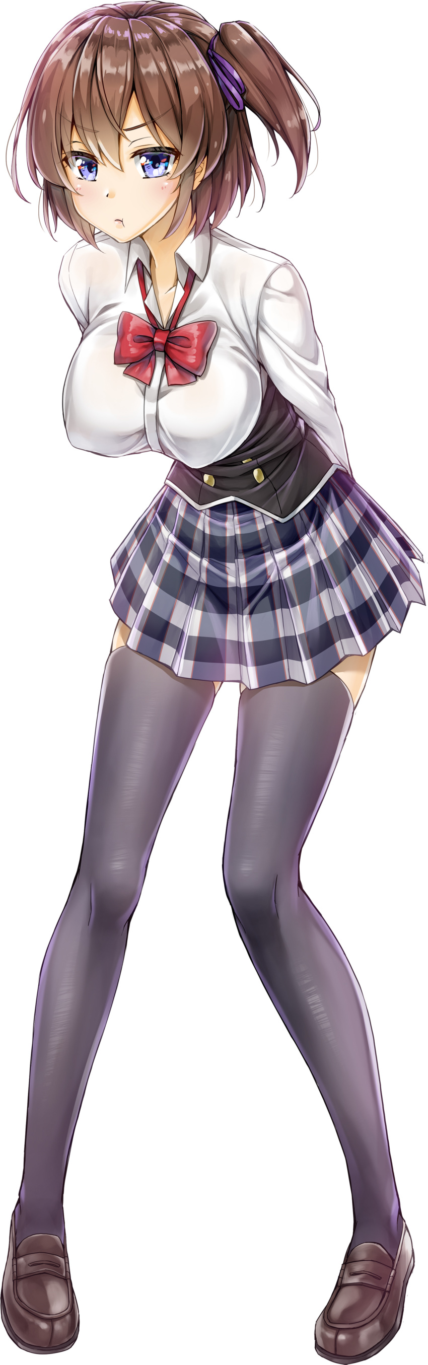 1girl absurdres arms_behind_back black_legwear blue_eyes breasts brown_footwear brown_hair eyebrows_visible_through_hair full_body hair_ribbon highres large_breasts loafers long_sleeves one_side_up plaid plaid_skirt pleated_skirt ribbon school_uniform shoes skirt thigh-highs zettai_ryouiki