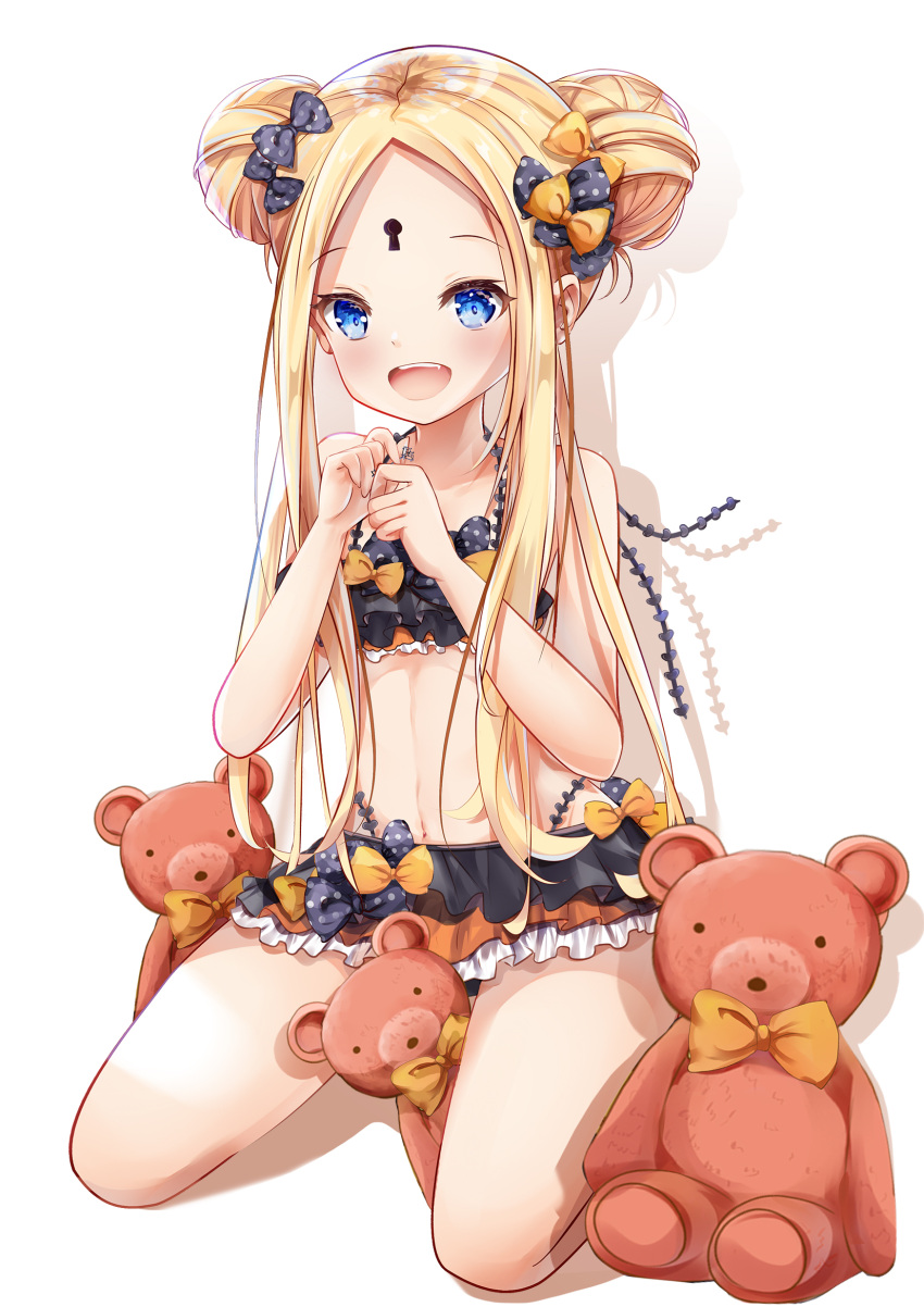 1girl :d abigail_williams_(fate/grand_order) bangs bare_arms bare_shoulders bikini black_bikini black_bow blonde_hair blue_eyes blush bow collarbone double_bun drop_shadow emerald_float eyebrows_visible_through_hair fang fate/grand_order fate_(series) forehead full_body hair_bow hands_up highres holding holding_key key kneeling long_hair looking_at_viewer mutang open_mouth orange_bow parted_bangs polka_dot polka_dot_bow sidelocks simple_background smile solo stuffed_animal stuffed_toy swimsuit teddy_bear very_long_hair water white_background