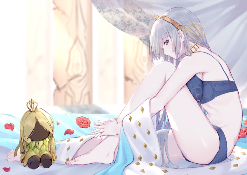 1girl anastasia_(fate/grand_order) barefoot bed blue_bra blue_eyes blue_panties bra brown_hairband cloak_removed column commentary_request doll fate/grand_order fate_(series) flower hairband highres jewelry light_blush long_hair looking_at_viewer looking_to_the_side necklace on_bed panties petals pillar red_flower red_rose rose rose_petals royal_robe silver_hair sitting sitting_on_bed solo takubon_(xewh4773) underwear underwear_only