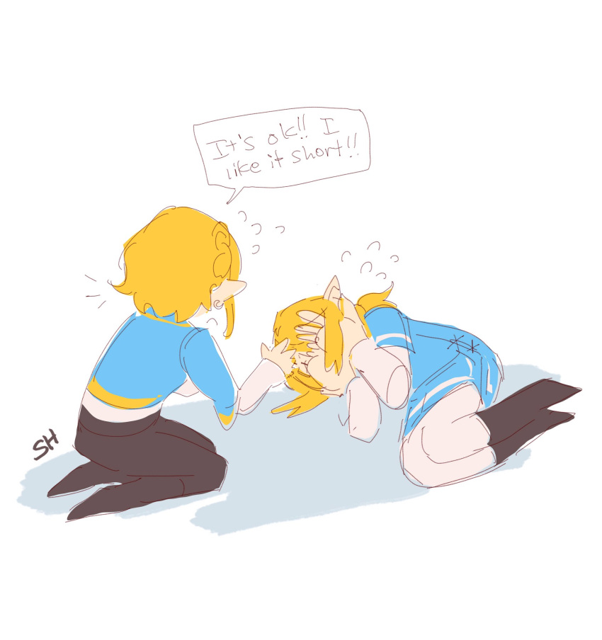 1boy 1girl artist_request blonde_hair blue_tunic covering_face crying elf english_text fetal_position highres link lying on_side pants pointy_ears princess_zelda short_hair the_legend_of_zelda:_breath_of_the_wild_2