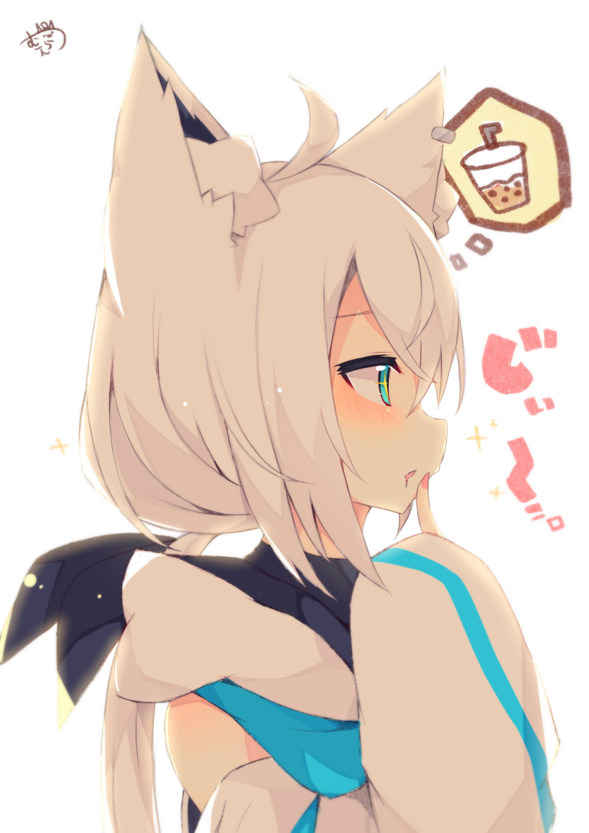 +_+ 1girl ahoge animal_ear_fluff animal_ears bangs black_ribbon blue_eyes blush bubble_tea commentary_request drooling eyebrows_visible_through_hair fox_ears hair_between_eyes hair_ribbon hand_up highres hololive hood hood_down long_hair long_sleeves mouth_drool muuran parted_lips profile ribbon shirakami_fubuki shirt signature simple_background sleeves_past_fingers sleeves_past_wrists solo sparkle virtual_youtuber white_background white_hair white_shirt wide_sleeves