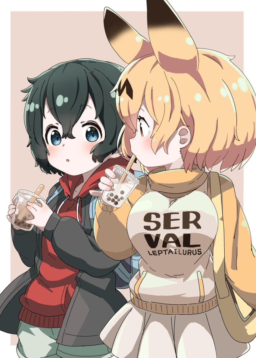 2girls alternate_costume animal_ears backpack bag bangs black_hair blonde_hair blue_eyes bubble_tea clothes_writing commentary_request cup drinking_straw extra_ears hair_between_eyes highres hood hood_down hoodie kaban_(kemono_friends) kemono_friends long_sleeves looking_at_another looking_at_viewer multiple_girls nekonyan_(inaba31415) serval_(kemono_friends) serval_ears short_hair shorts shoulder_bag simple_background skirt white_shorts white_skirt yellow_eyes