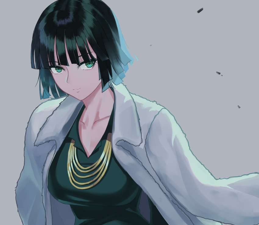 1girl black_dress black_hair bob_cut breasts collarbone commentary_request dcoagt dress eyebrows_visible_through_hair fubuki_(one-punch_man) green_eyes grey_background highres jacket jewelry large_breasts looking_at_viewer necklace one-punch_man short_hair simple_background solo white_jacket