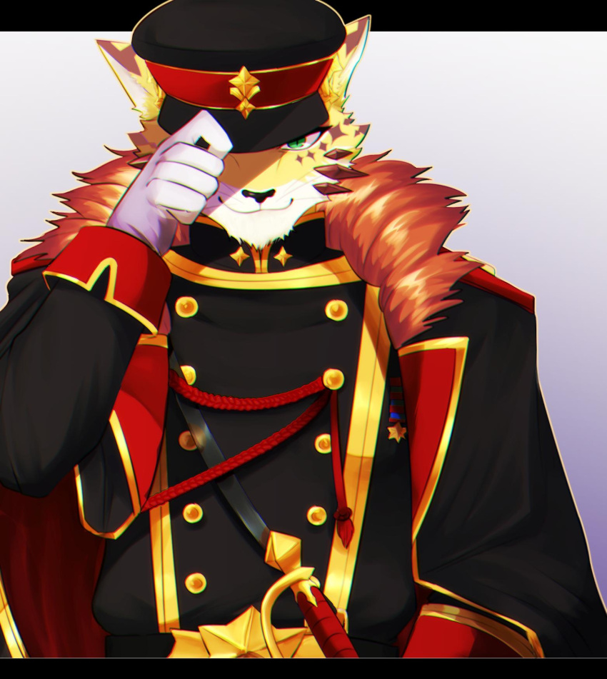 adjusting_clothes adjusting_hat fur fur_trim furry gloves green_eyes hat highres hita looking_at_viewer military military_hat military_uniform simple_background smile standing tokyo_houkago_summoners uniform upper_body white_gloves