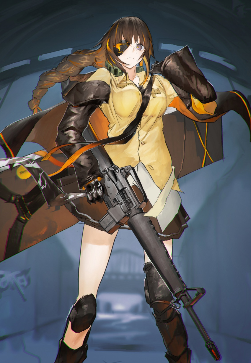 1girl armband assault_rifle bangs black_eyes black_gloves black_skirt braid breasts buttons carrying carrying_over_shoulder closed_mouth eyebrows_visible_through_hair eyepatch girls_frontline gloves gun headphones headphones_around_neck highres holding holding_gun holding_weapon jacket knee_pads long_hair long_sleeves m16a1 m16a1_(girls_frontline) multicolored_hair necktie panko_(drive_co) rifle shirt skirt solo standing streaked_hair weapon