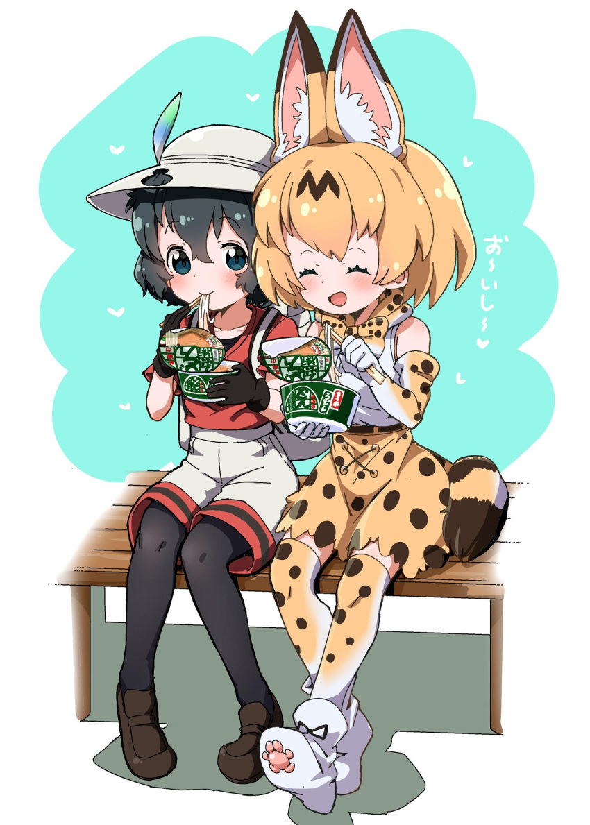 2girls :d ^_^ animal_ear_fluff animal_ears backpack bag bare_shoulders bench black_gloves black_hair black_legwear blonde_hair boots bow bowtie brown_footwear chopsticks closed_eyes commentary_request donbee_(food) eating elbow_gloves extra_ears food gloves hat hat_feather heart high-waist_skirt highres kaban_(kemono_friends) kemono_friends legwear_under_shorts multiple_girls nekonyan_(inaba31415) noodles open_mouth pantyhose print_gloves print_legwear print_neckwear print_skirt red_shirt serval_(kemono_friends) serval_ears serval_print serval_tail shirt shoes short_hair short_sleeves shorts sitting skirt sleeveless sleeveless_shirt smile tail thigh-highs translated white_footwear white_shirt white_shorts