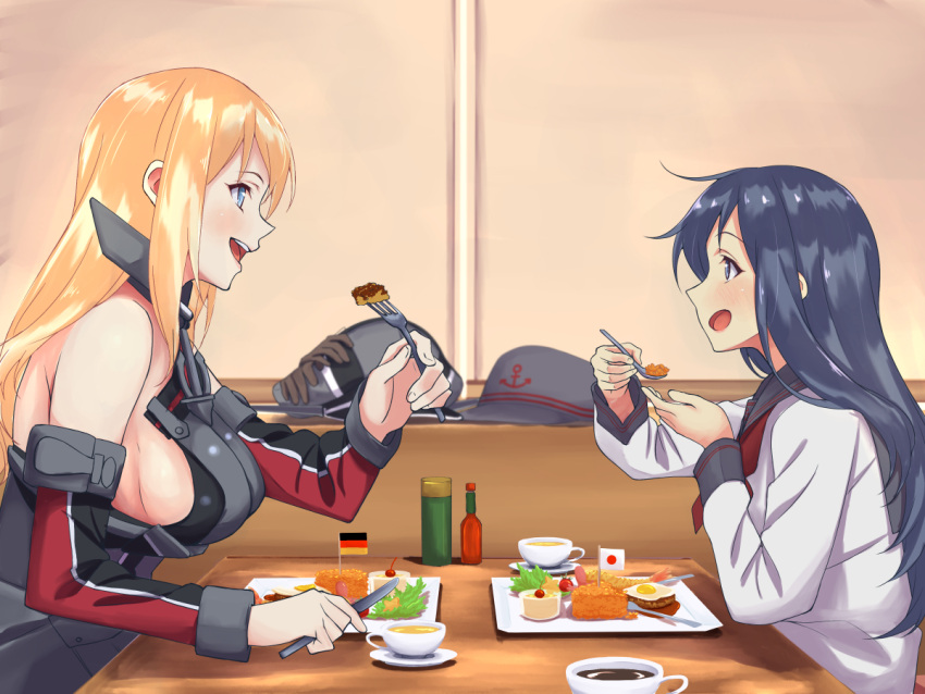 2girls akatsuki_(kantai_collection) anchor anchor_symbol bangs bismarck_(kantai_collection) blonde_hair blue_eyes blush breastplate breasts brown_gloves coffee commentary_request cup detached_sleeves eating facing_another flat_cap food fork from_side german_flag gloves gloves_removed hat hat_removed headwear_removed holding holding_fork holding_spoon japanese_flag kantai_collection large_breasts long_hair machinery messy_hair military military_hat military_uniform mini_flag multiple_girls neckerchief okosama_lunch open_mouth peaked_cap purple_hair red_neckwear sailor_collar school_uniform serafuku shingyo sideboob sitting spoon uniform violet_eyes