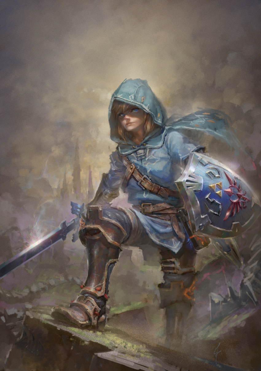 1boy blonde_hair blue_eyes blue_shirt boots brown_footwear cloak clouds cloudy_sky commentary full_body gas1 gloves highres holding holding_shield holding_sword holding_weapon hood hood_up hooded_cloak link master_sword outdoors parted_lips shield shirt sky spire sword the_legend_of_zelda the_legend_of_zelda:_breath_of_the_wild tunic weapon