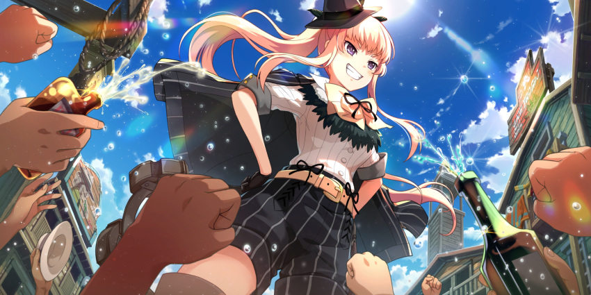 1girl arm_up belt black_gloves black_headwear blonde_hair blue_sky bottle bow bowtie building character_request clenched_hands dutch_angle fedora from_below game_cg gloves grin hands_on_hips hat high_ponytail highres jacket_on_shoulders kouya_no_kotobuki_hikoutai long_hair mini_hat non-web_source official_art outdoors pants shirt short_sleeves shorts sidelocks sky smile solo_focus striped striped_shirt sun sunlight vertical-striped_jacket vertical-striped_pants vertical-striped_shirt vertical_stripes violet_eyes white_shirt