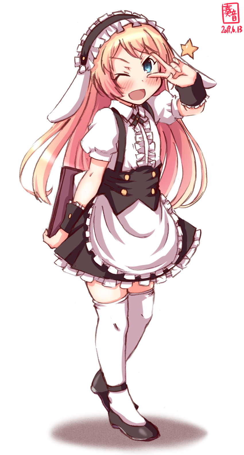 1girl absurdres alternate_costume animal_ears apron artist_logo black_footwear black_hairband blonde_hair blue_eyes blush bolo_tie color_connection commentary_request dated fleur_de_lapin_uniform floppy_ears frilled_apron frilled_cuffs frilled_hairband frilled_shirt frills full_body gochuumon_wa_usagi_desu_ka? hair_color_connection hairband highres jervis_(kantai_collection) kanon_(kurogane_knights) kantai_collection long_hair one_eye_closed rabbit_ears shirt simple_background smile solo standing star thigh-highs underbust v_over_eye waitress white_apron white_background white_legwear wrist_cuffs